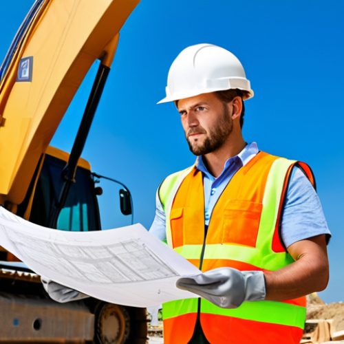 Home 4 **
"A professional construction site manager, wearing a hard hat and safety vest, fully clothed, reviewing blueprints on a sunny construction site with heavy machinery in the background, appropriate attire, safe for work, perfect anatomy, natural proportions, professional photography, high quality, daytime."
**